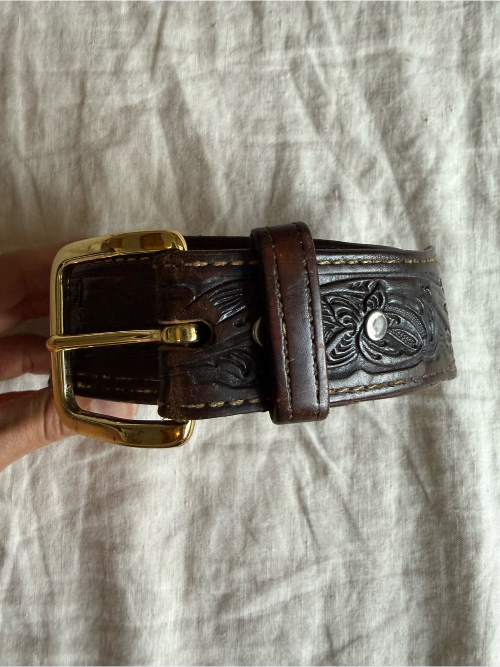 Leather brown belt western floral gold buckle tooled embossed boho festival